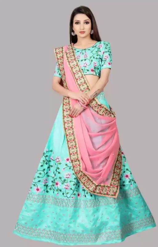 Sky Blue Satin Lehenga Choli