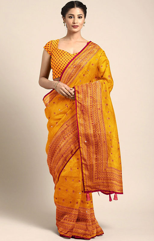 Yellow & Red Jute Silk Embroidered Saree
