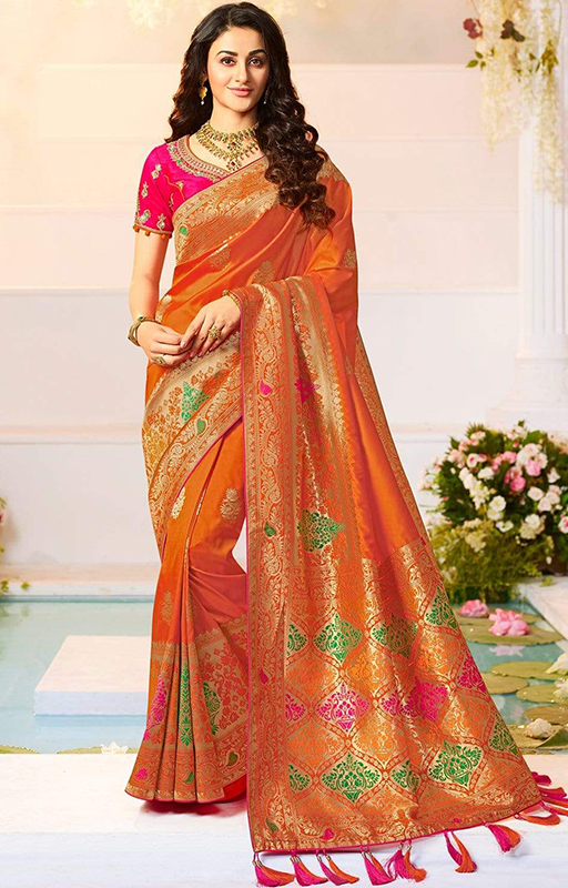 Bright Orange Banarasi Saree