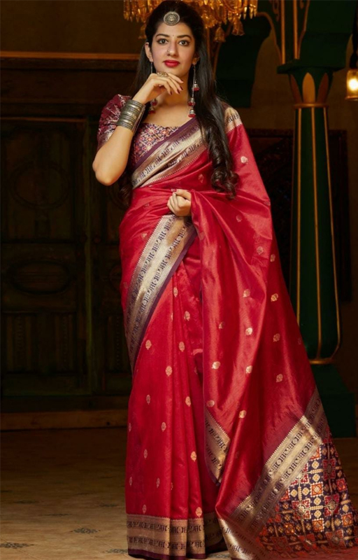 Cherry Red Woven Banarasi Silk Saree