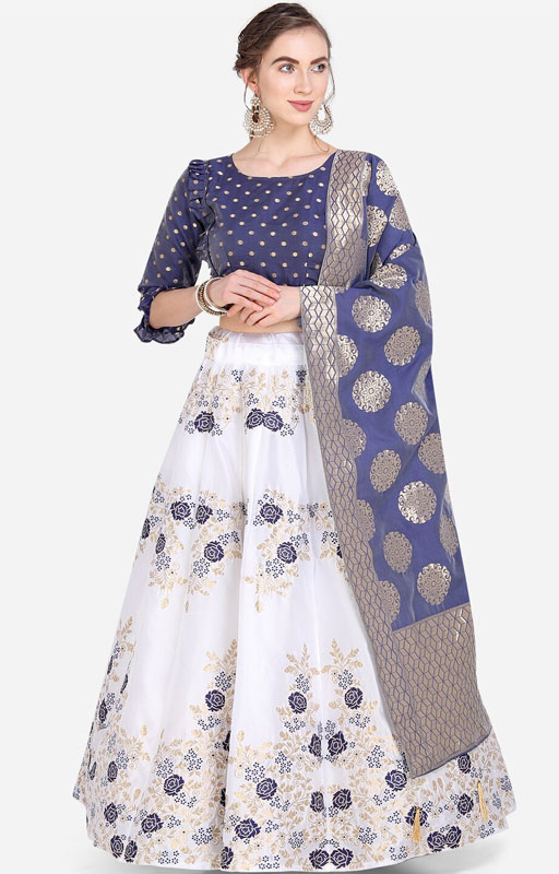 Cream And Blue Printed lehenga