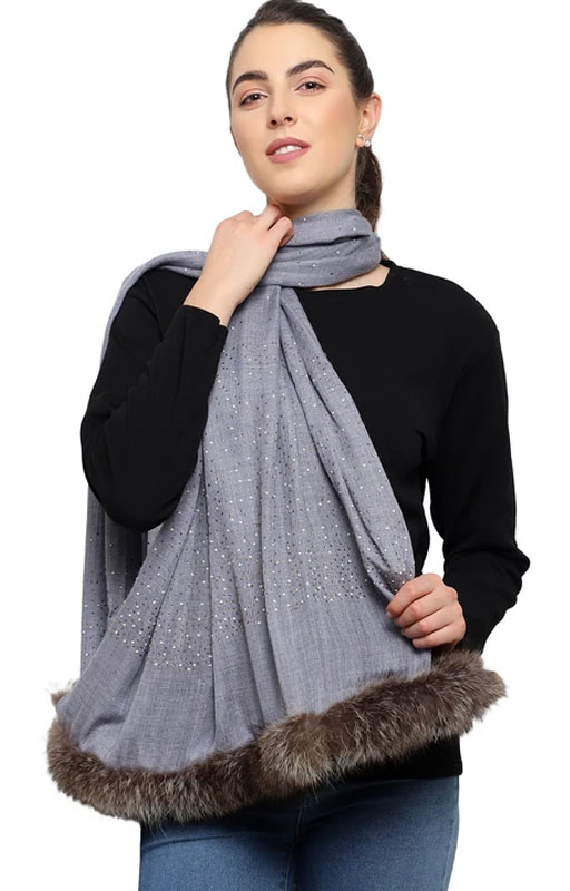 Grey Pashmina Crystal Stole With Fur
