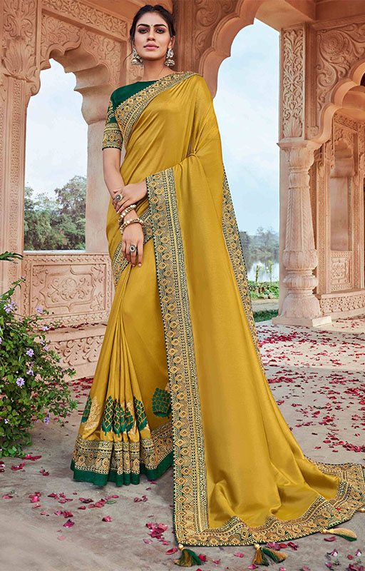 Mustard Silk Saree With Embroidered Pallu