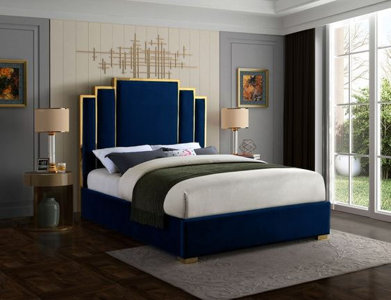 Navy Velvet Contemporary Bed 