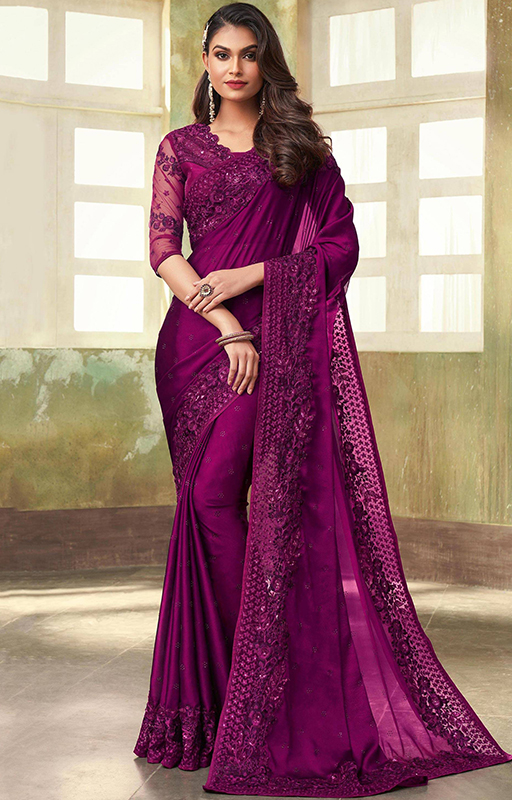 Purple Saree With Stone Work