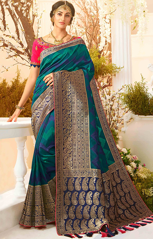 Teal Green And Blue Zigzag Traditional Saree