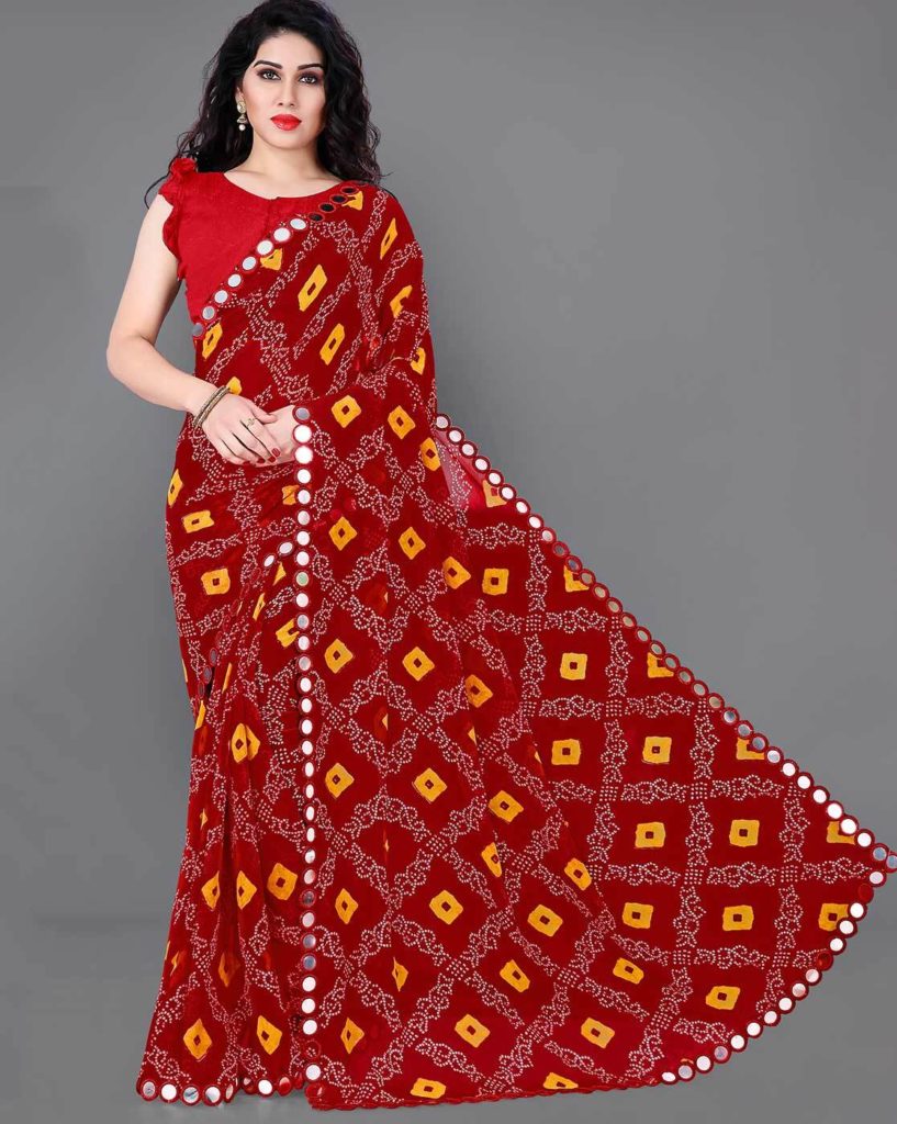 Bandhani Saree With Mirror Lace Border 