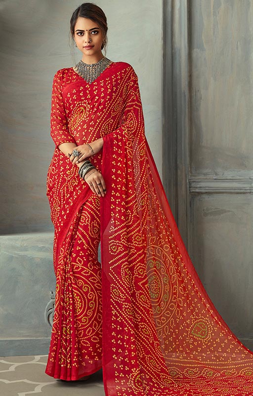 Bandhej Printed Chiffon Saree in Red