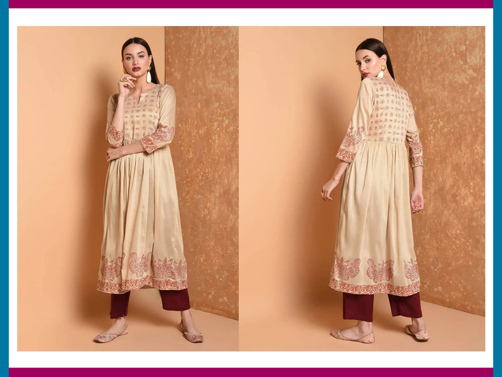  Beige Printed Flared Kurta With Pant Set