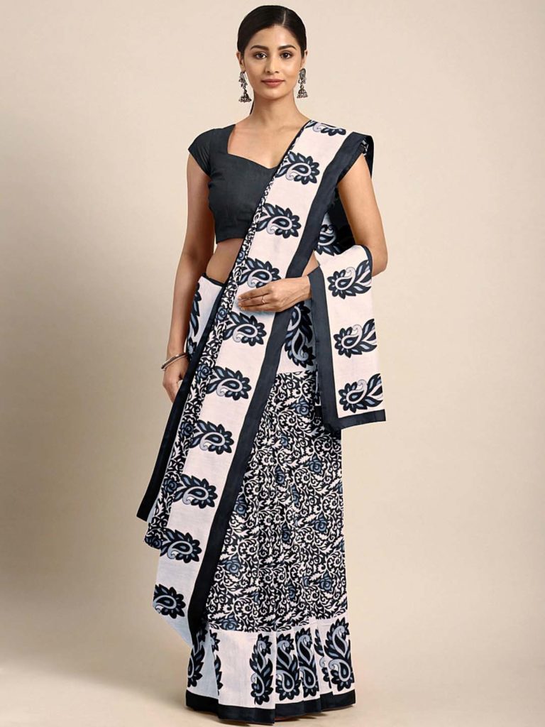 Black And White Cotton Blend Saree