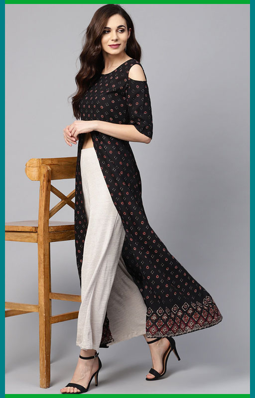 Black Printed Front Slit Kurti