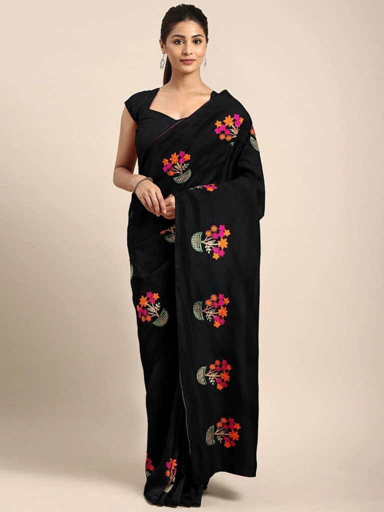 Black and Pink Chanderi Embroidered Saree