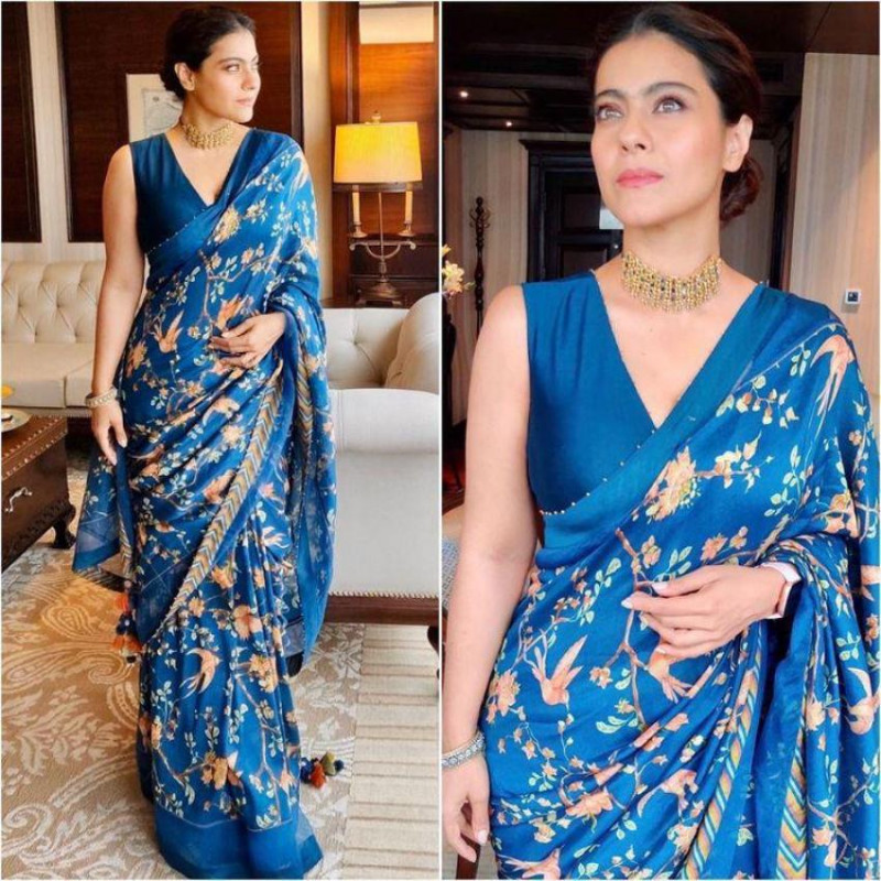 Deep Blue Floral Printed Saree