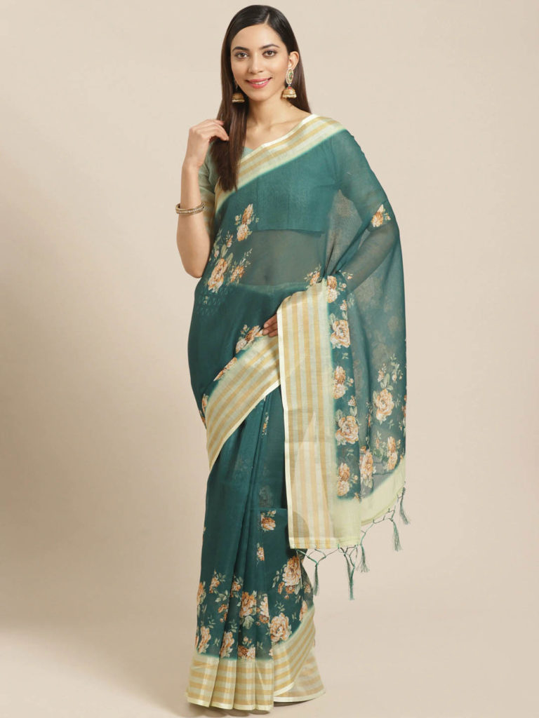 Green And Peach Color Floral Print Saree