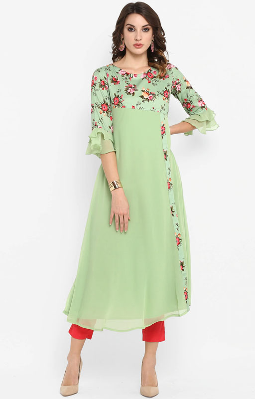 Green & Pink Floral Print Kurta