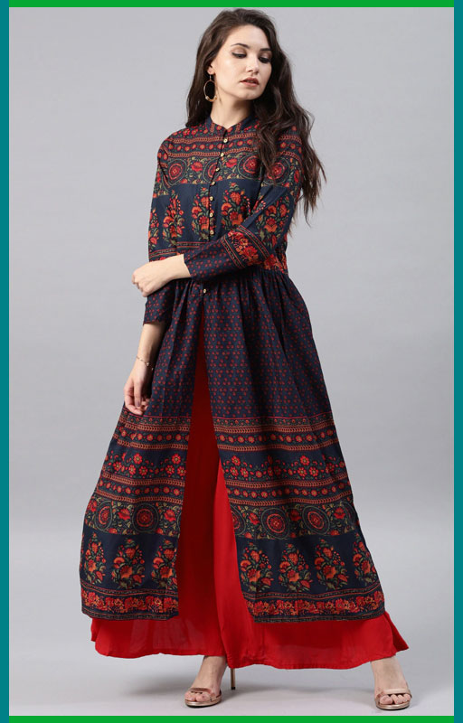 Navy Blue Floral Print Kurti
