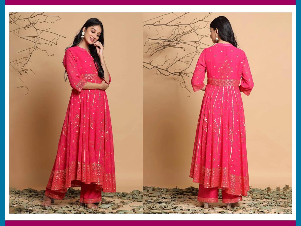 Pink Printed Anarkali Kurta And Pant