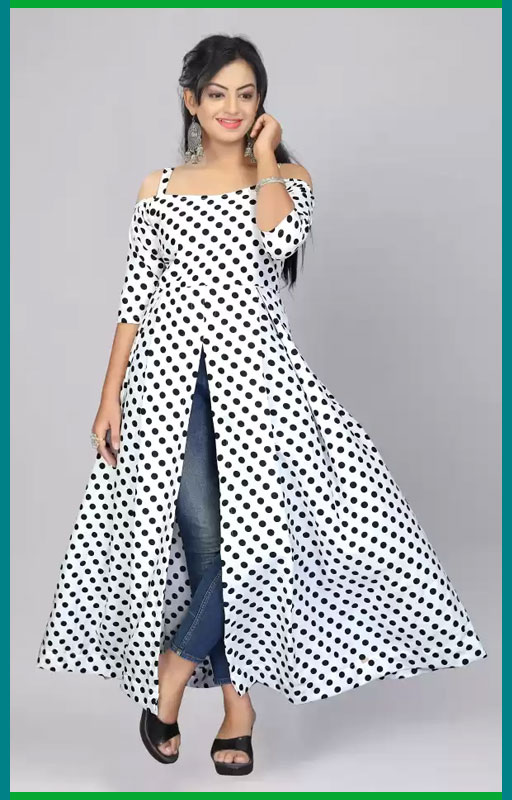 Polka Print Rayon Front Slit Kurta