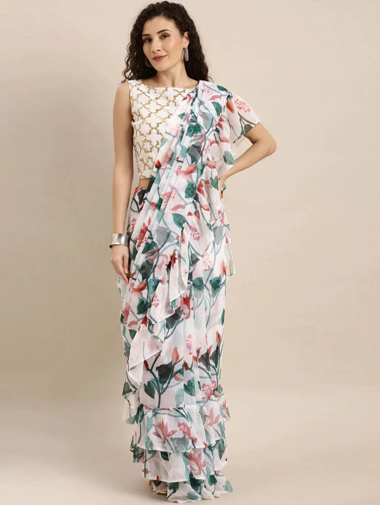 Ruffle Print Georgette Saree