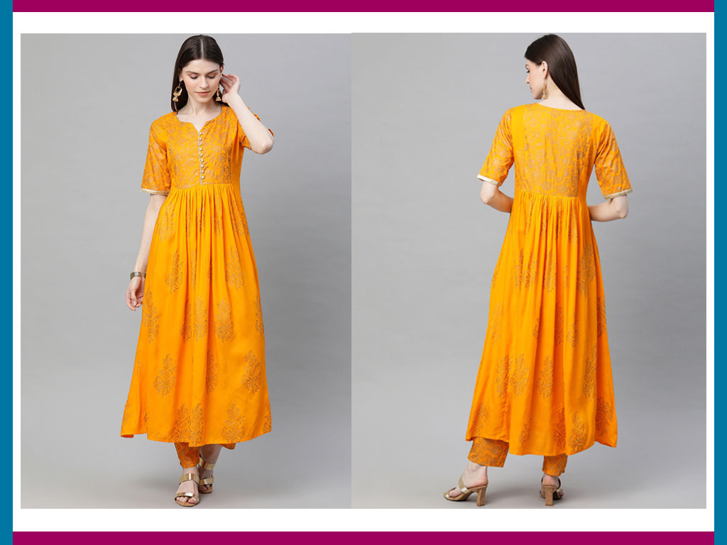 Yellow Block Print Anarkali Kurta And Pant