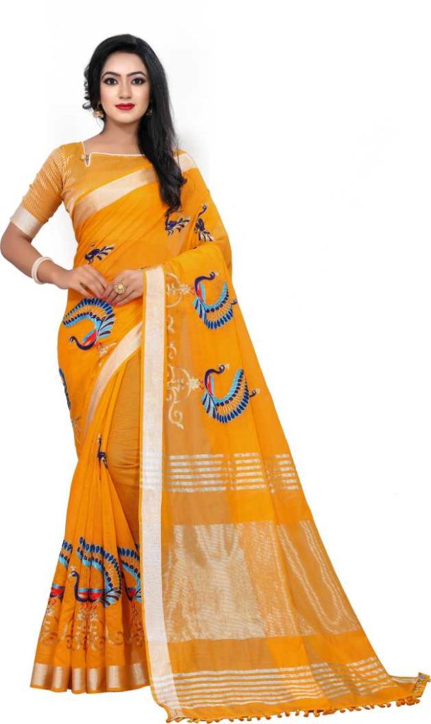Yellow Cotton Embroidered Saree