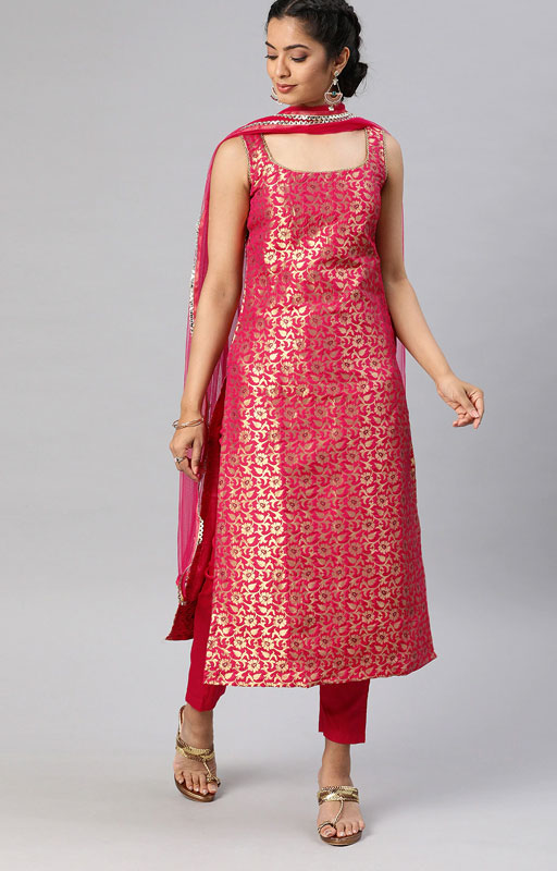 pink woven design kurta
