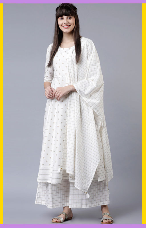 Off-White And Gold Tone Printed Kurta Palazzo Set