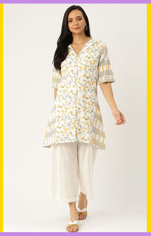 Off-White And Grey Printed Kurta With Palazzo