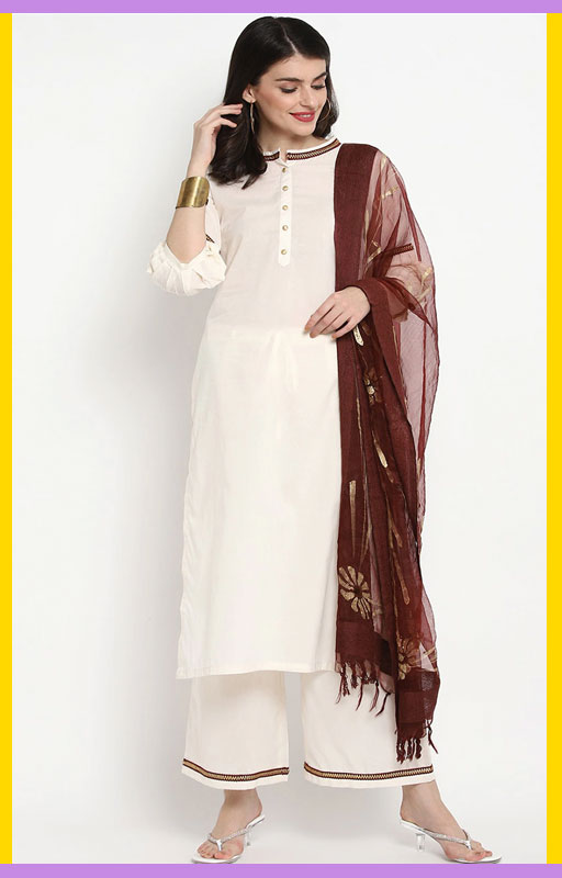 Off White Kurta And Palazzo With Marron Dupatta