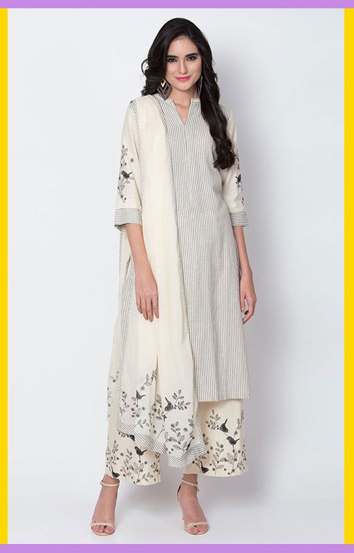 Off White Stripes Kurta With Palazzo And Dupatta 