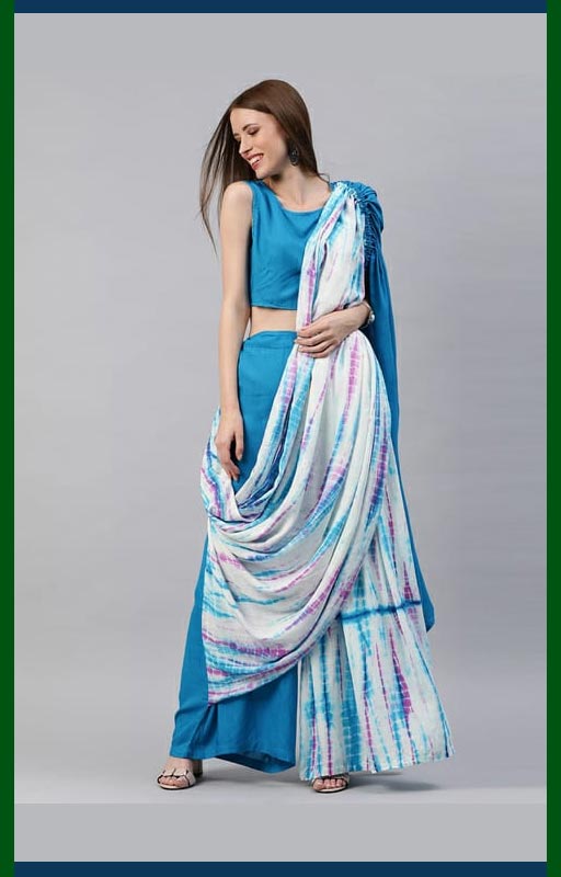 Blue Printed Ready To Wear Saree