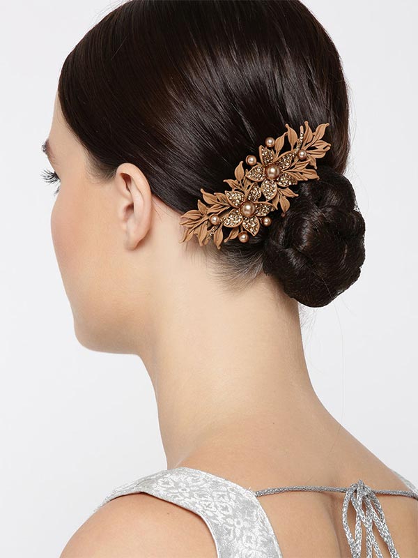 Brown Stone And Pearl Studded Floral Pin