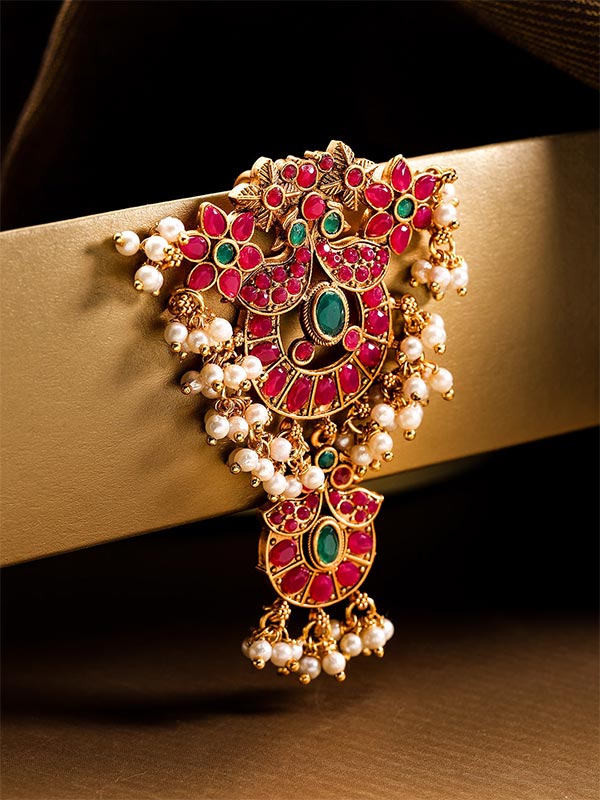 Magenta And Green Gold Plated Stone Studded Hair Pin