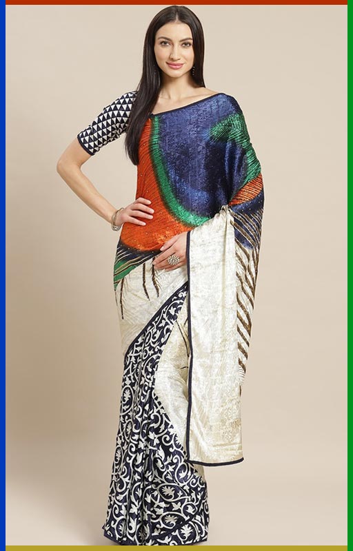 Navy Blue And Off White Printed Saree