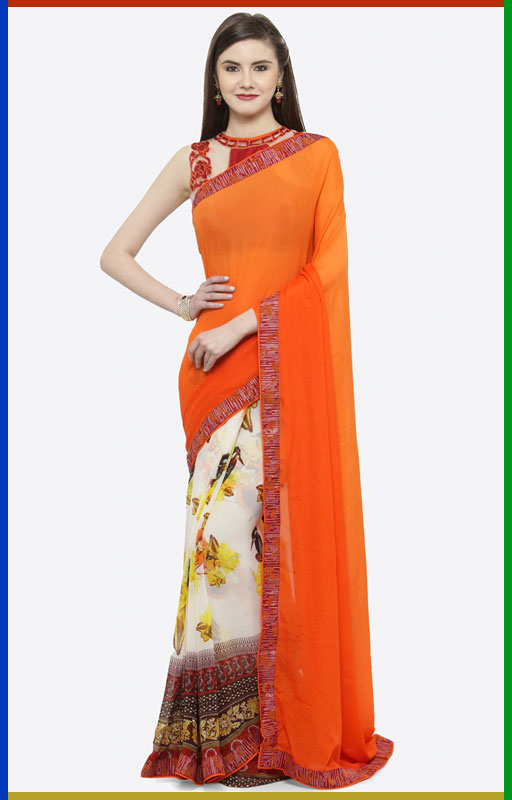 Orange-White Pure Georgette Saree