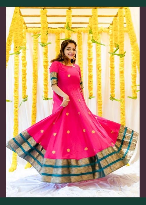 Pink And Green Saree Gown