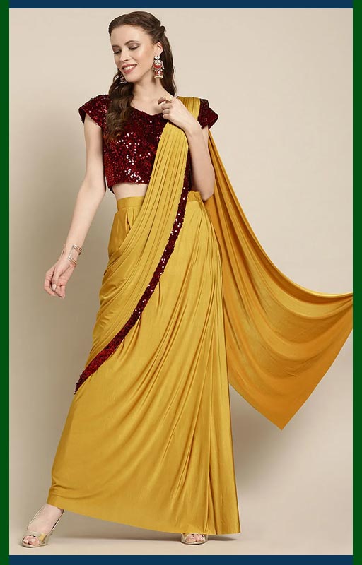 Pre-Stitched Mustard Saree