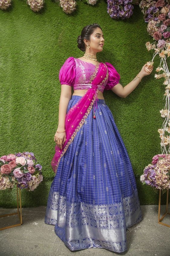 Blue And Pink Banarasi Lehenga Choli