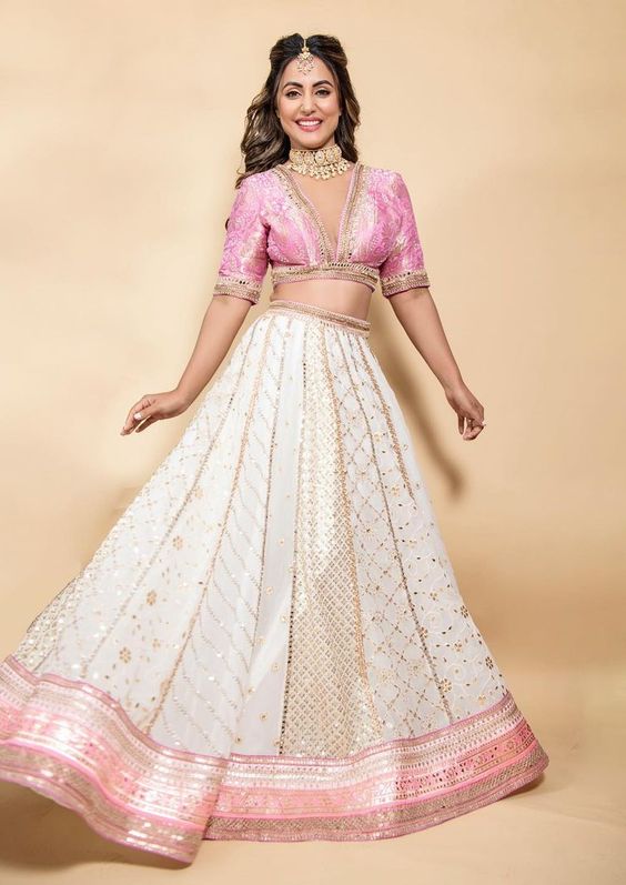 Hina Khan In White And Pink Lehenga