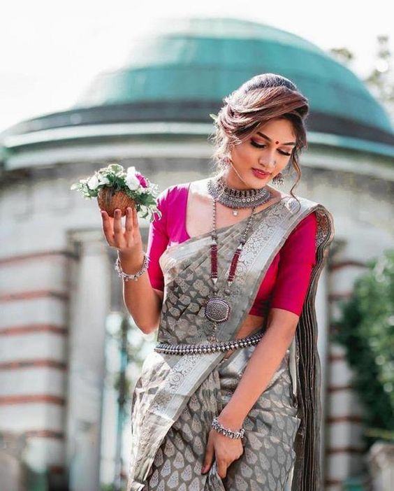 Grey Saree, Cummerbund & Extra Long Necklace