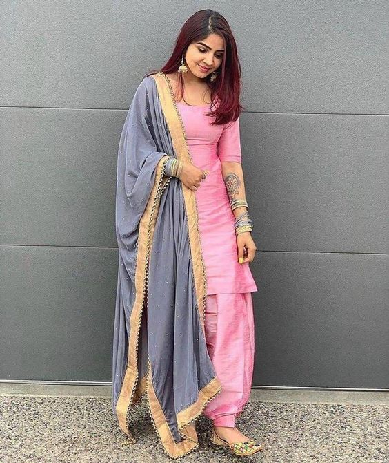 Grey-Gold Dupatta with Pink Punjabi Suit