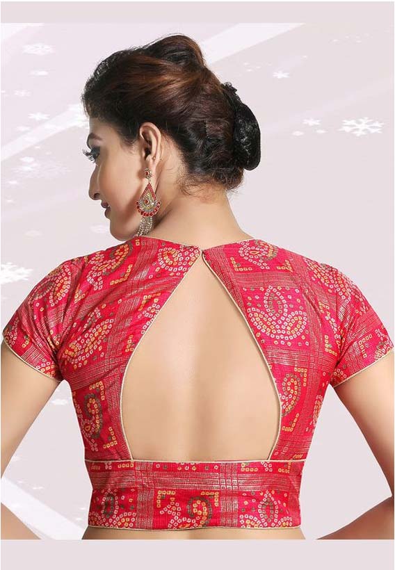 Bandhej Print Angrakha Style Blouse Back Design