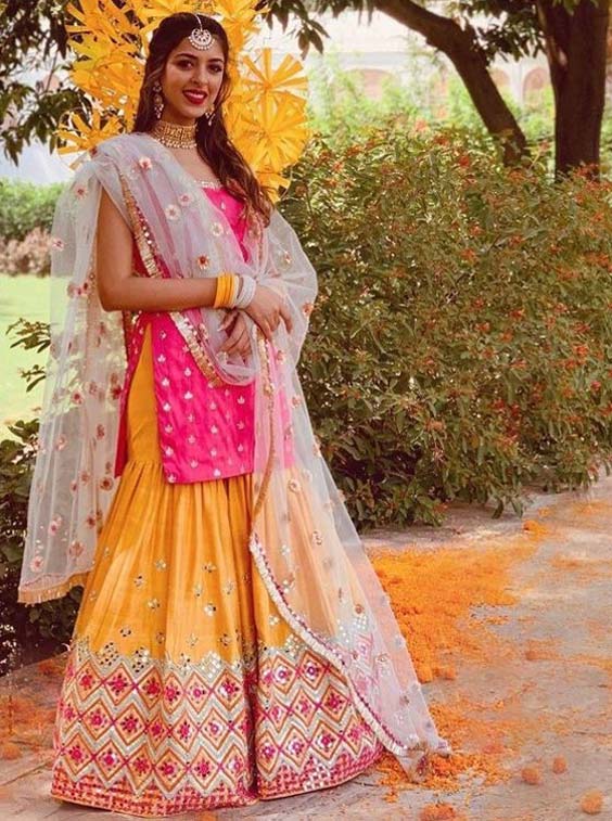 Pink And Yellow Mirror Work Garara Suit