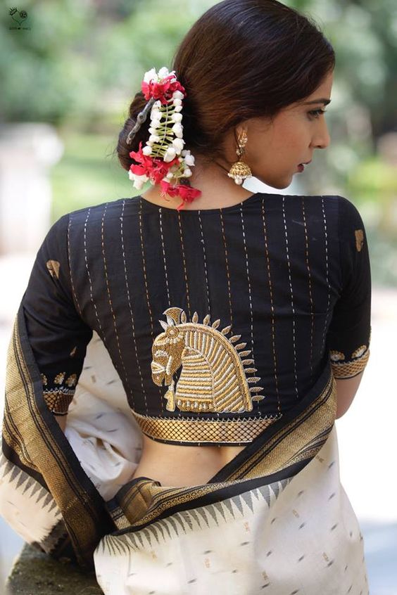 Horse Embroidered Back Blouse Design 