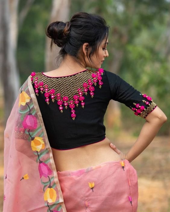 Floral Embroidered Black Blouse Design 