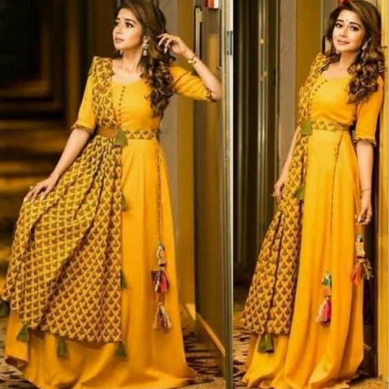 Yellow Gown With Stitched Chanderi Dupatta