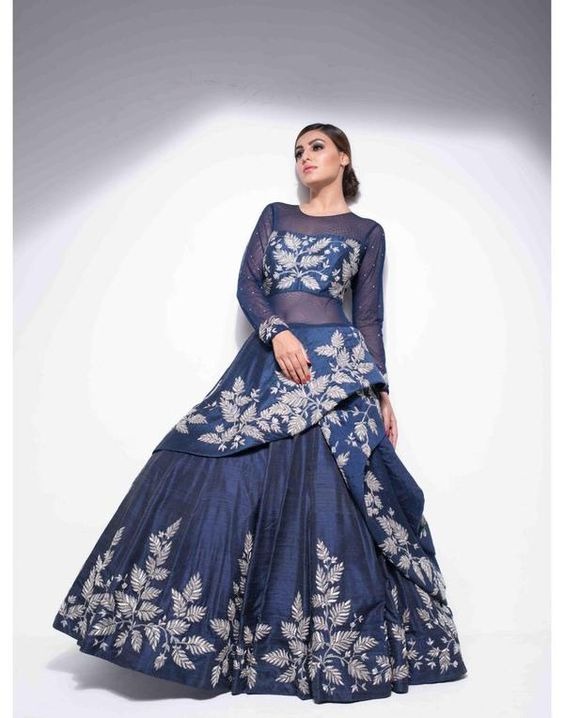 Deep Blue Drape Gown With Silver Handwork