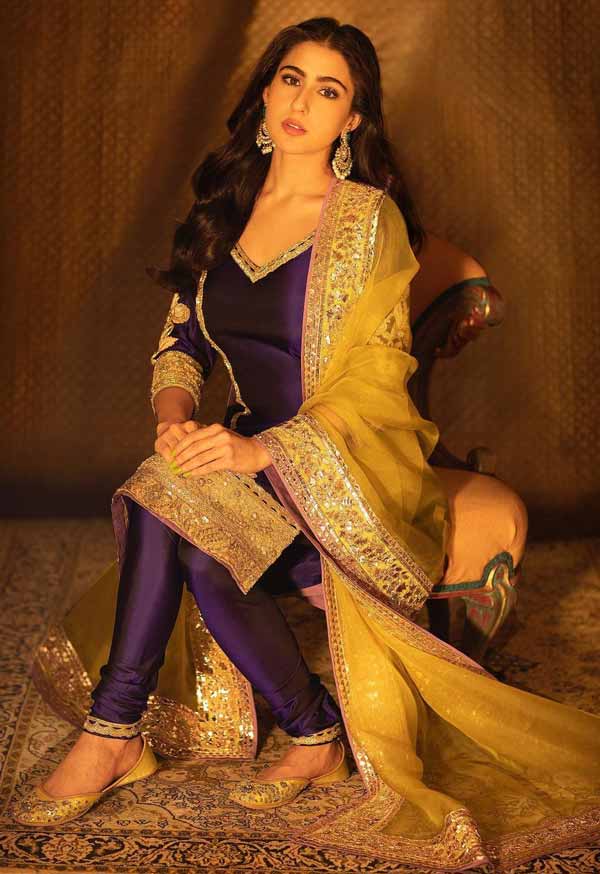 sara ali khan in purple kurti and golden dupatta