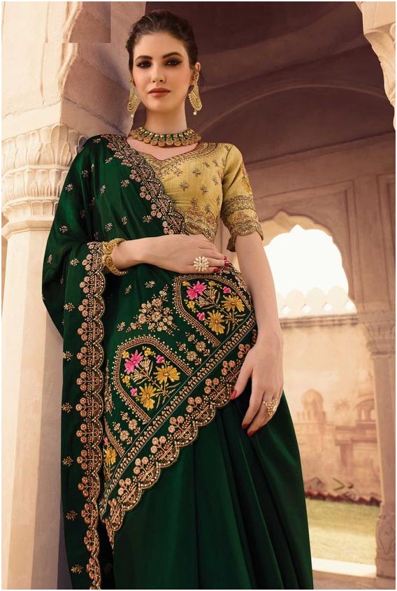 Dark Green Embroidered Saree