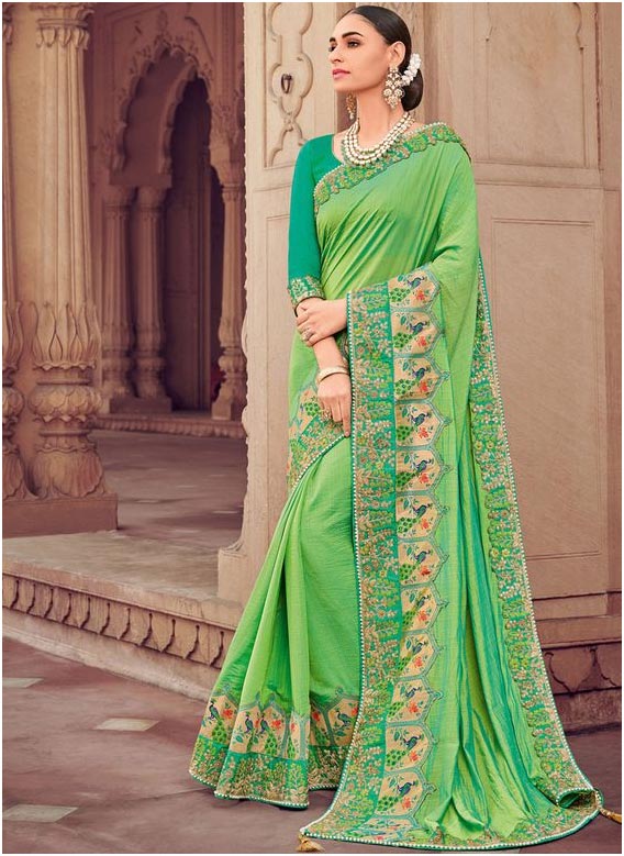 Faux Georgette Embroidered Classic Designer Saree In Green